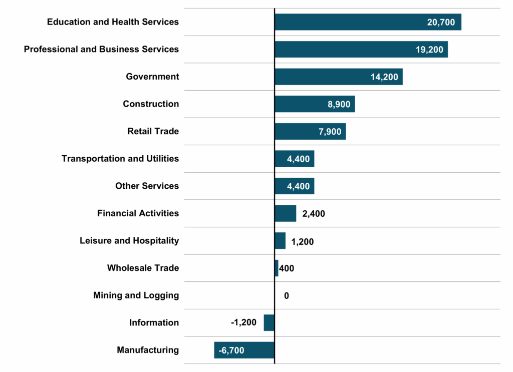 Figure 5 Major Industry Employment One Year Change DMJPS CPAs Advsiors NC Econ Report 2025 2Q 1024x743 1